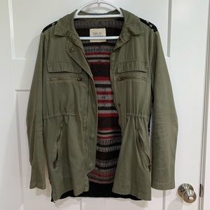 Olive utility jacket with patterned sweater back